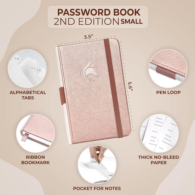 Detalle 2 de Clever Fox Password Book 2nd Edition Small (Rose Gold) – Pocket password keeper with alphabetical laminated tabs