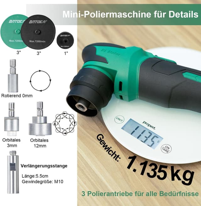 Detalle 2 de BATOCA S4 Profi Akku Poliermaschine (RO&DA), 12V Mini Polier-Set mit 2× 2.5Ah Akkus
