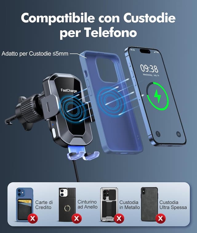 Detalle 2 de EOIWUY caricatore wireless auto 15W con bloccaggio automatico 360°
