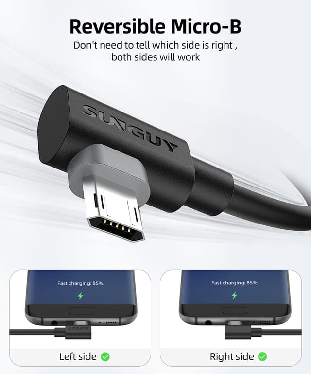 Detalle de SUNGUY câble Micro USB coudé 90° (2 pièces, 0,15 m, 3 A) pour charge et transferts USB 2.0