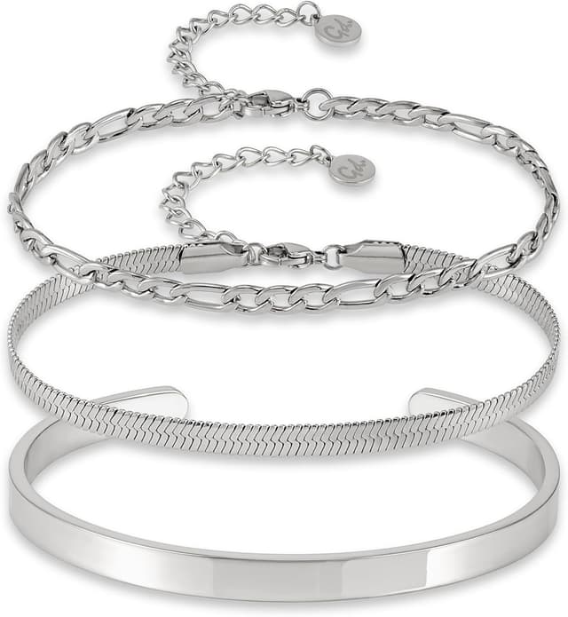 Detalle de Set di 3 bracciali da donna in acciaio 316L regolabili (oro, argento o oro rosa) con bracciale a serpente, a maglie e rigido