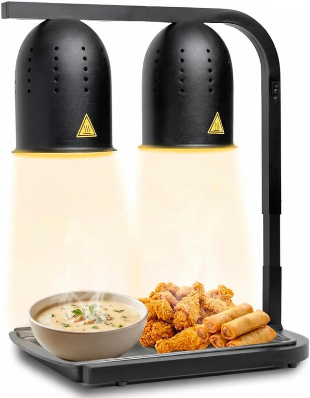 Detalle de SYBO DL2112 Commercial Grade Food Heat Lamp (2-Bulb, 500W) with Adjustable Stand, Black