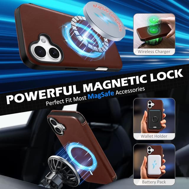 Detalle de SHIELDON Echt Leder Hülle für iPhone 16 Plus 5G (6,7") mit Kartenfach, RFID-Blocker & kabellosem Laden – Retro Kaffee