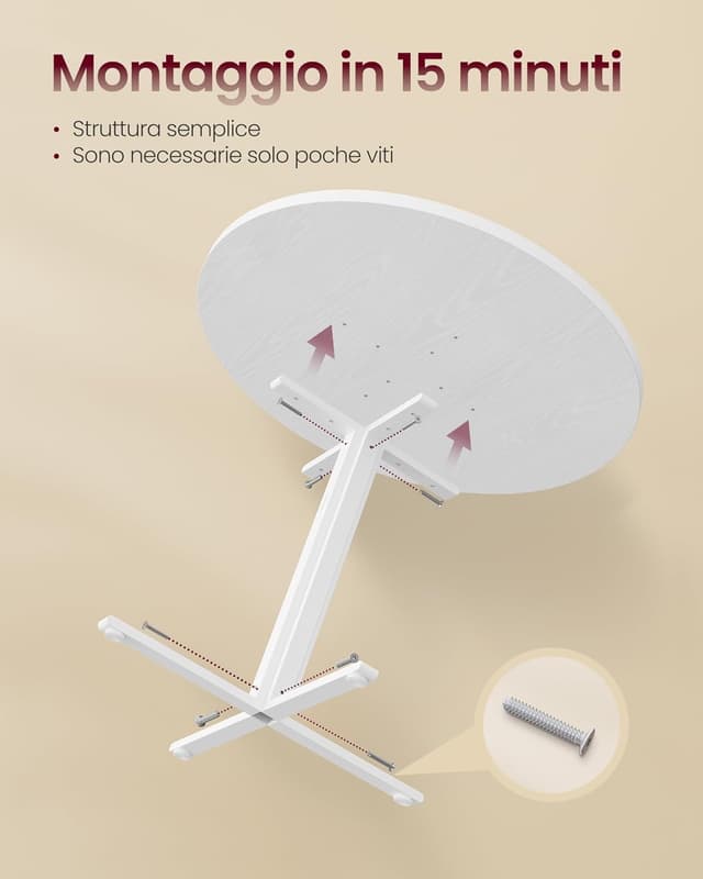 Detalle 2 de VasAGLE Tavolo da pranzo rotondo rustico moderno KDT082W01, diametro 80 cm, bianco neve