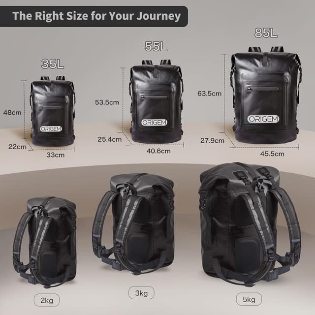 Detalle de Origem Zaino Impermeabile Roll-Top Dry Bag 35L/55L/85L con custodia per laptop