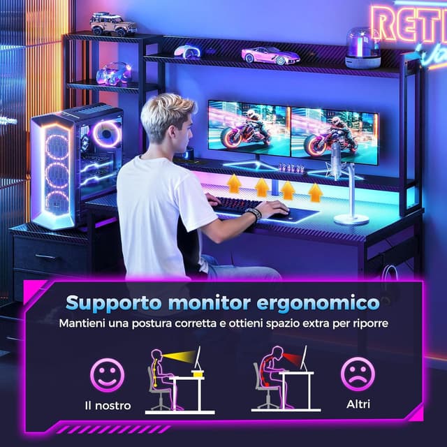 Detalle de Coleshome Scrivania Gaming con libreria e cassetti, 120×48 cm, LED e presa di corrente in fibra di carbonio nero