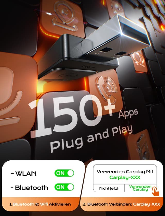 Detalle 2 de Cleviton Wireless CarPlay Adapter für Apple CarPlay, kabellose Verbindung per Plug&Play (3× Auto-Verbindung), USB A/C, Schwarz