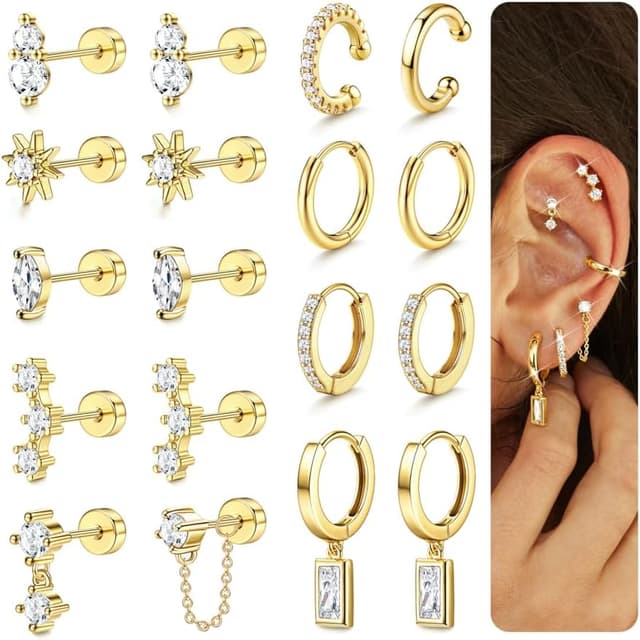Thumbnail 6 de Roheafer 9 Paar Ohrringe Set für Ohrstapeln: Creolen, Knorpelpiercing-Stecker & Ohrklemmen (hypoallergen)
