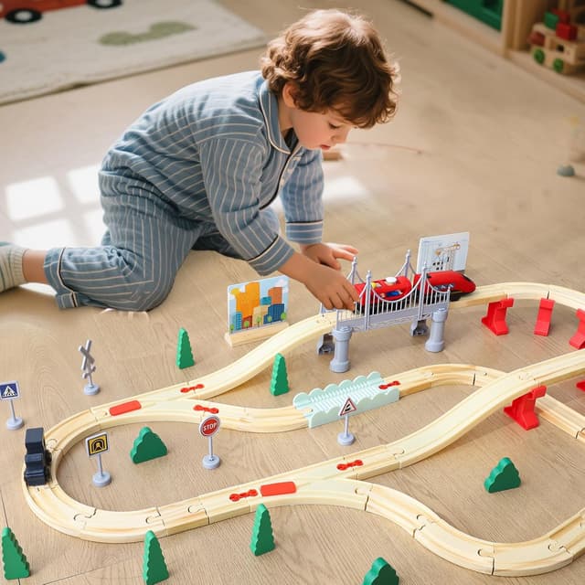 Detalle de XIAPIA 72-piece wooden train set for toddlers (magnetic trains & battery train)