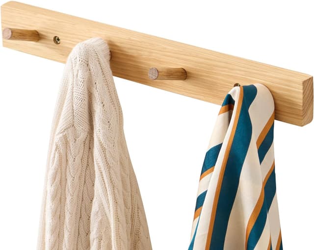 Detalle de Treoakwis solid oak wall coat rack with shelf and 4 hooks (15.7 inches / 40 cm)