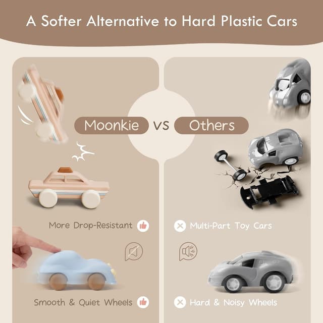 Detalle de Moonkie Roll & Go Auto Spielzeug-Set (3er Pack) aus Silikon, BPA-frei – für Babys ab 6 Monaten
