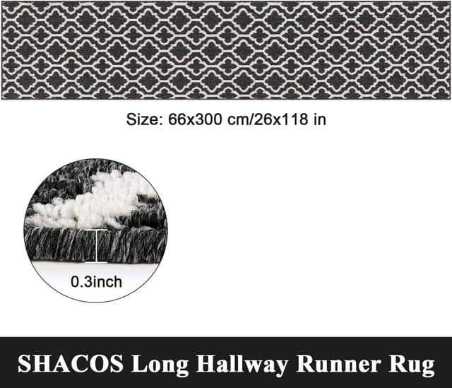 Detalle de SHACOS Extra Long Hallway Runner Rug 66x300 cm (Black/White) with Non-Slip Rubber Backing, Washable Entryway Carpet Runner