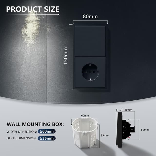 Thumbnail 1 de BSEED Lichtschalter mit Steckdose 2-Wege Unterputz (1-fach) in Schwarz – Schuko Wandschalter mit PC-Rahmen