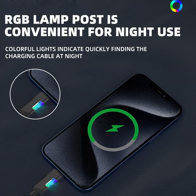 Detalle de USB Type-C Fast Charge Lead 60W with RGB Light, 1.2m Nylon Braided (2 Pack)