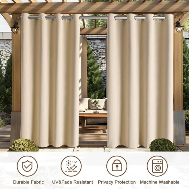 Detalle 2 de Rideaux d’extérieur UFYTT imperméables (lot de 2) 132x215 cm beige, à œillets