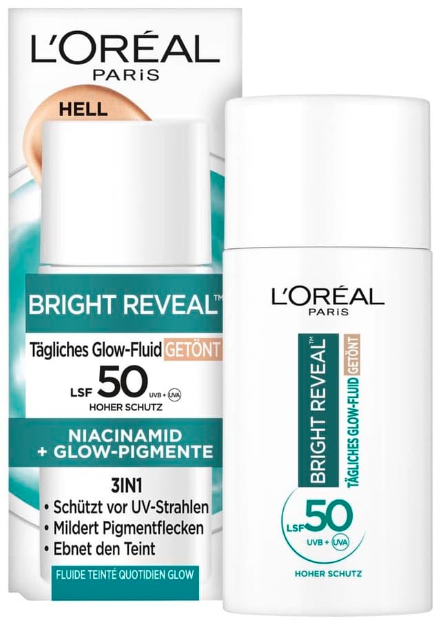Detalle de L’Oréal Tägliches Getöntes UV Glow-Fluid LSF 50 mit Niacinamid + Glow-Pigmenten, Farbe Hell (Bright Reveal) – 50 ml