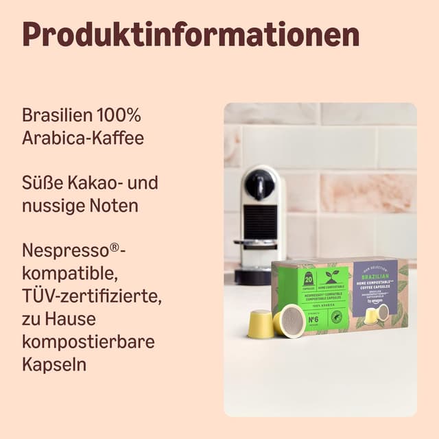 Detalle 2 de by Amazon kompostierbare Kaffeekapseln (Nespresso-kompatibel) mit 100% brasilianischem Arabica, 20 Stück