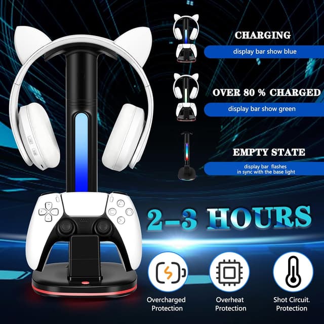 Detalle de JDGPOKOO PS5 Controller Charging Station with RGB Headphone Stand (2 USB Ports)