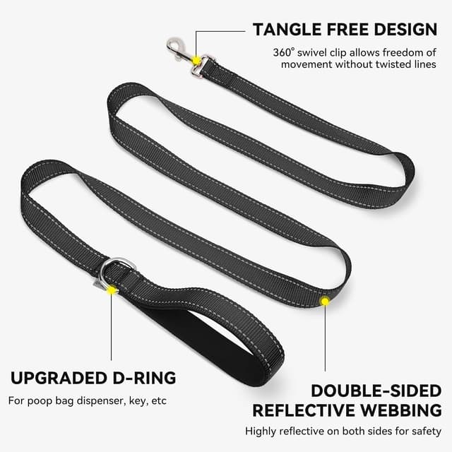 Detalle de Joytale Strong Double-Sided Reflective Dog Lead with Padded Handle (Black) – 1.5m x 2cm