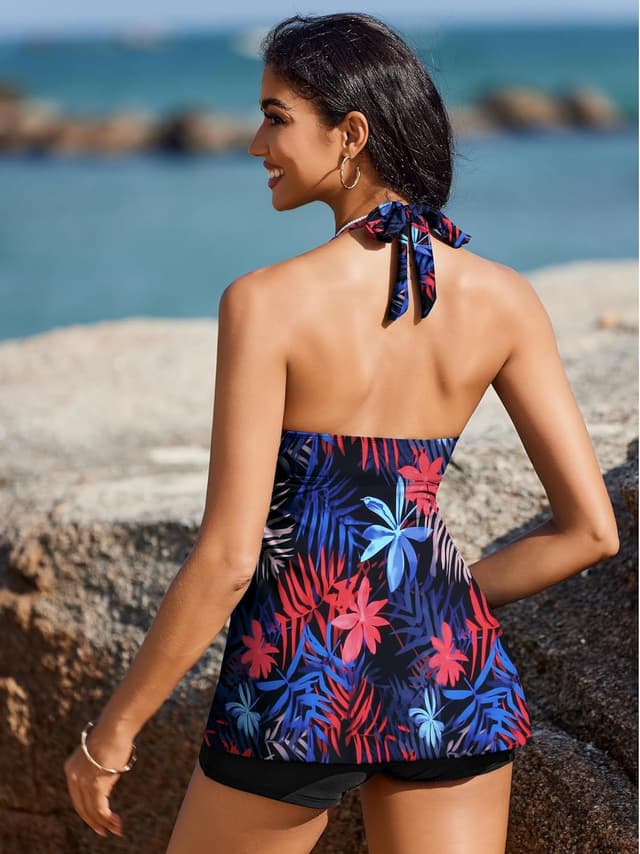 Detalle de AI'MAGE Tankini Damen Bauchweg (zweiteilig) mit V-Ausschnitt und Badeshorts – Tankini-Set mit abnehmbarem BH, S–XXL