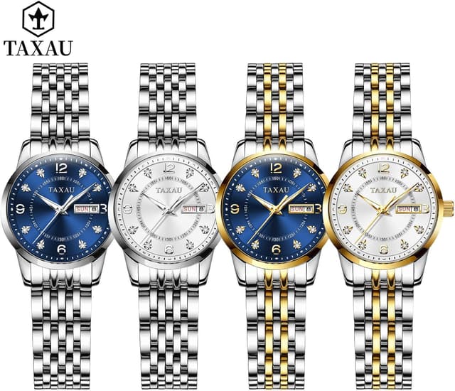 Detalle 2 de Taxau Damenuhr mit arabischen Ziffern, blauem Zifferblatt und Datumsanzeige (Edelstahl, 3 ATM) – kleines Zifferblatt