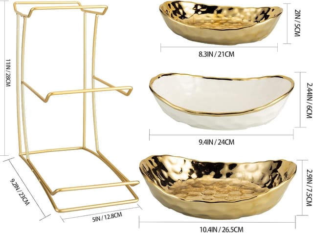 Detalle 2 de YYW 3-Tier Ceramic Fruit Bowl Stand (White & Gold) for Countertop Storage