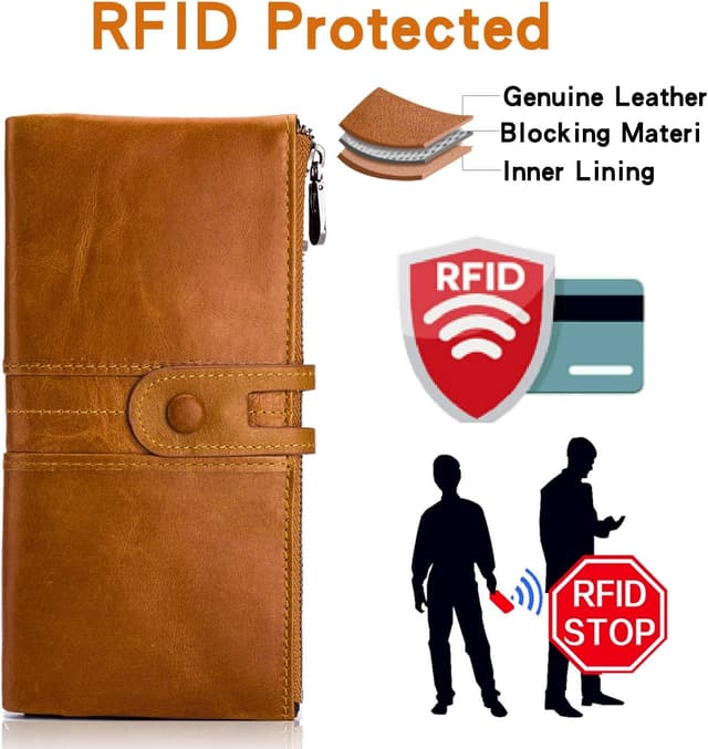 Detalle 2 de Roulens Genuine Leather women’s slim zip bifold clutch wallet with RFID blocking