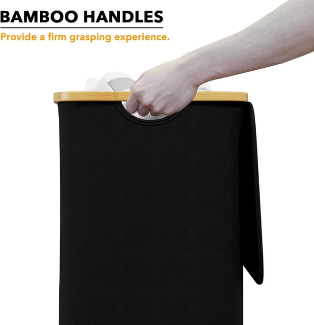 Detalle de SpaceAid 110L Collapsible Laundry Hamper with Lid and Bamboo Handles, Tall 4-Rod Frame for Bedroom, Bathroom, Dorm, Laundry Room (Black)