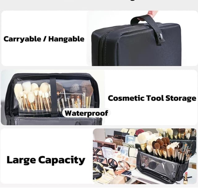 Detalle de STORICANS Makeup Brush Organiser Bag with Stand-up Design and Adjustable Dividers