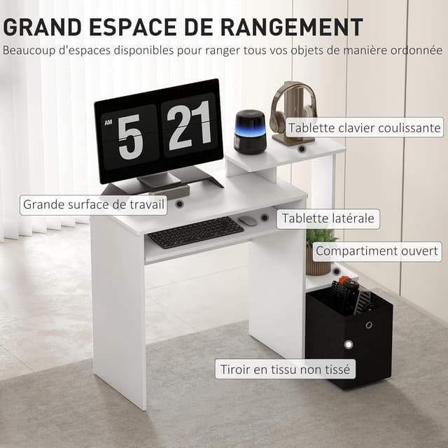 Detalle de HOMCOM Bureau informatique multimédia avec étagères, tablette et clavier – 100 x 40 x 86,6 cm, noir/blanc