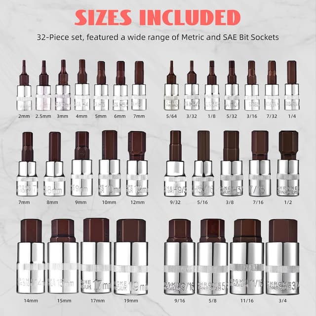 Detalle de Master Hex Bit Socket Set (32-Piece) — Allen Socket Set with 1/4", 3/8" & 1/2" Hex Drive Sockets (SAE & Metric)