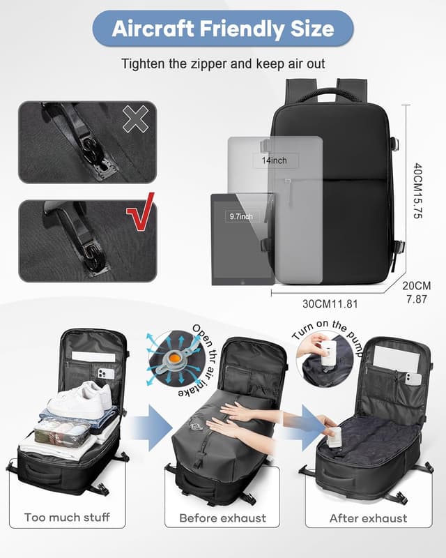 Detalle 2 de SZLX Vakuum Rucksack Ryanair Handgepäck 40 x 30 x 20 cm mit Pumpe – 14-Zoll-Laptopfach und Schuhfach