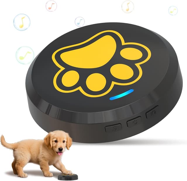 Detalle de ChunHee Dog Bell for Puppy Toilet Training (0–115dB, Adjustable Volume) with 28 Ringtones, Black/Yellow – 1 Pack
