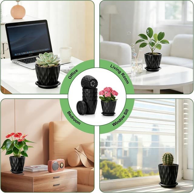 Detalle 2 de Romon set di 6 vasi in plastica da interno/esterno da 10 cm con fori di drenaggio e sottovaso rimovibile, nero