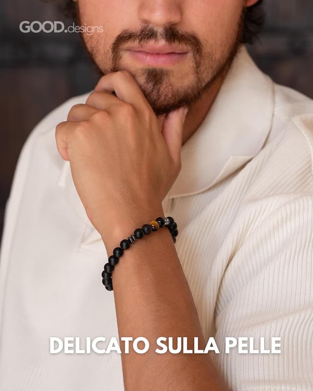 Detalle de GD GOOD.designs bracciale uomo elastico in pietra lavica nera e onice 8 mm