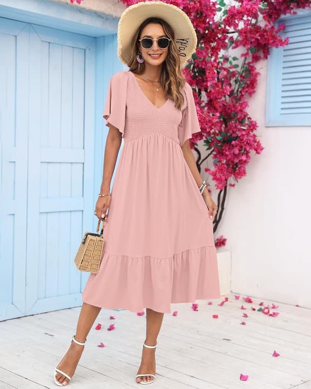 Detalle de AUSELILY Women’s Summer Empire Waist Smocked Flutter V-Neck Midi Dress