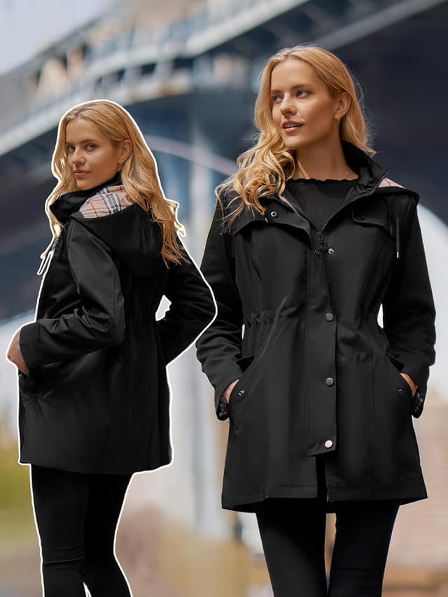 Detalle de SaphiRose Poncho Regenjacke Damen: winddicht, wasserabweisend & mit Kapuze für Frühling, Sommer und Herbst