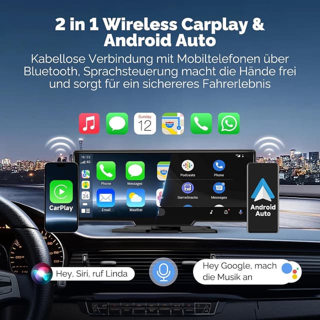 Detalle de Alpinetech 11 Zoll CarPlay & Android Auto Display mit 4K-Dashcam, Rückfahrkamera, Bluetooth und MirrorLink (64G TF)