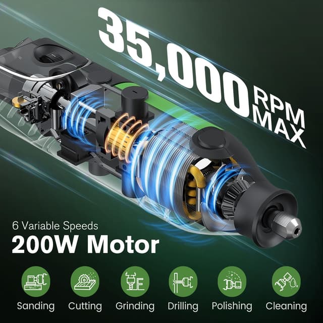 Detalle 2 de Ginour Rotary Tool Kit 200W (6 Variable Speeds 8000–35000RPM) with Keyless Chuck & Flex Shaft — 135 Accessories