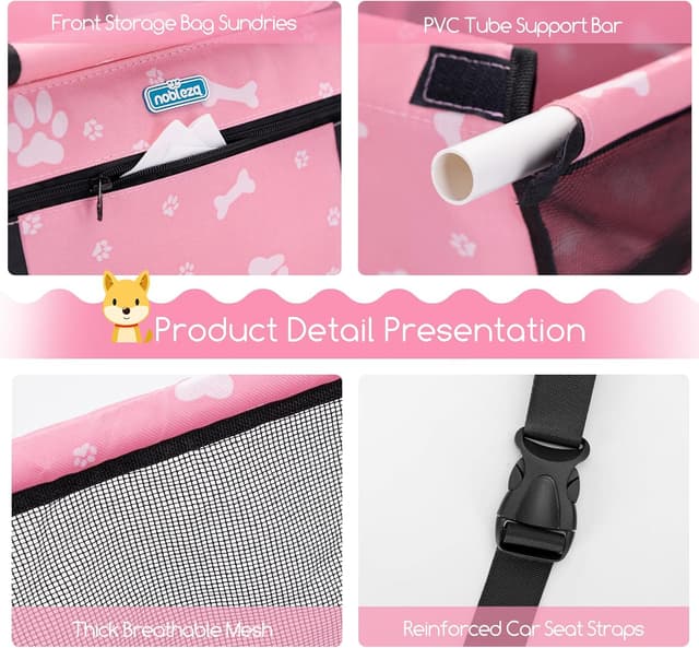 Detalle 2 de Nobleza seggiolino auto per cani piccola taglia e gatti con tasca e cintura di sicurezza, pieghevole impermeabile rosa