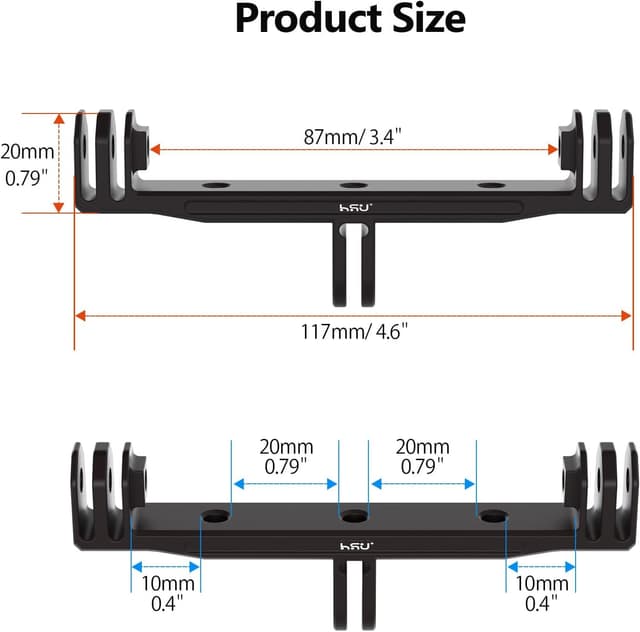 Detalle 2 de HSU Aluminium Twin Camera Mount for GoPro – Longer dual adapter with 1/4 screw thread