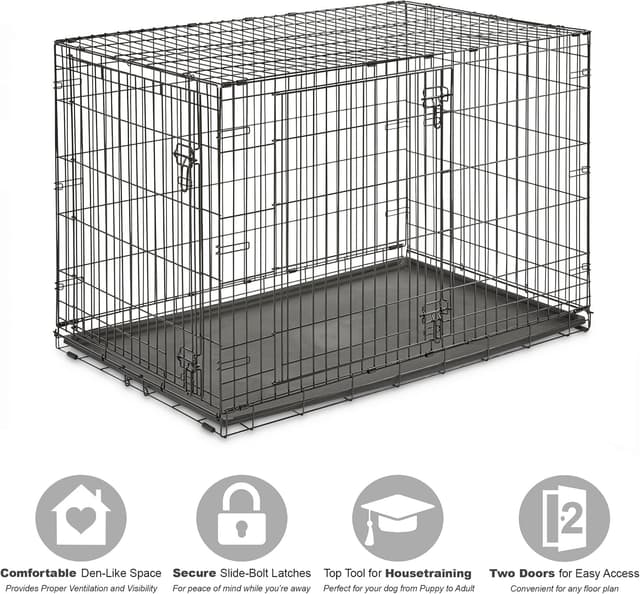 Detalle de New World Double Door Folding Metal Dog Crate (122 cm) with Leak-Proof Pan and Enhanced Security