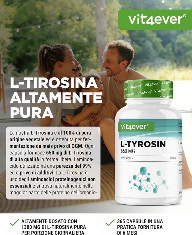 Detalle 2 de L-Tirosina 365 capsule vegane dose extra elevata (1.300 mg per dose giornaliera)