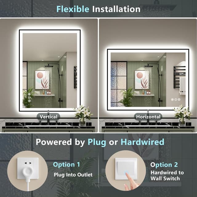 Thumbnail 6 de AWANDEE 40x36 Black Framed LED Bathroom Mirror with Lights (Anti-Fog, Dimmable, Memory)