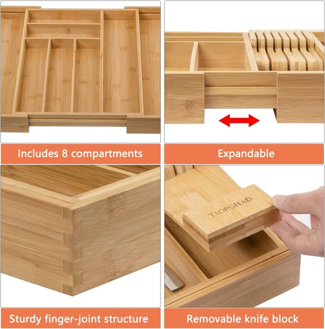 Detalle de TIOPGHAD Bamboo Expandable Silverware & Utensil Drawer Organizer with Detachable Knife Rack