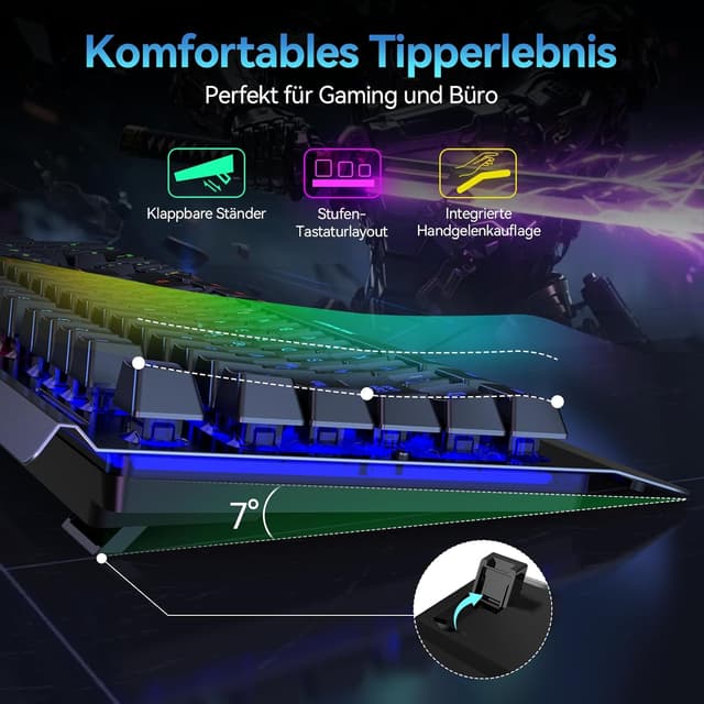 Detalle de TECKNET Gaming-Tastatur kabellos (QWERTZ, deutsches Layout) mit RGB, 105 Tasten und Handgelenkauflage