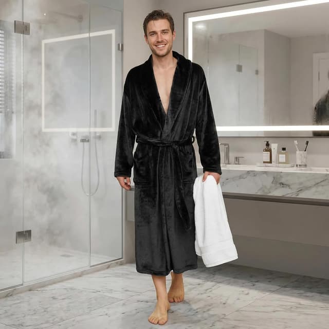 Detalle de U2SKIIN Herren Fleece-Bademantel im Plüsch-Look – warm, weich und mit zwei großen Taschen