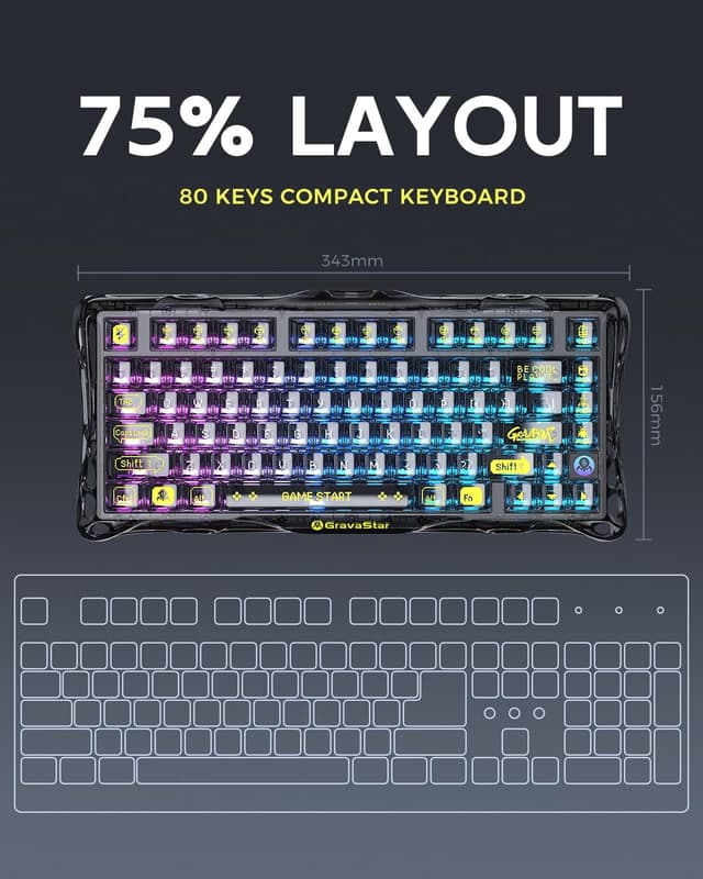 Detalle 2 de GravaStar Mercury K1 Lite 75% Tri-mode Gaming Keyboard (2.4GHz/BT/Wired) with RGB and Hot-swap switches