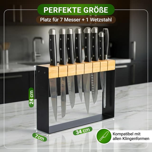 Detalle de Messerblock ohne Messer aus Holz (schwarz) für 7 Messer und 1 Wetzstahl – Neues Modell 2025