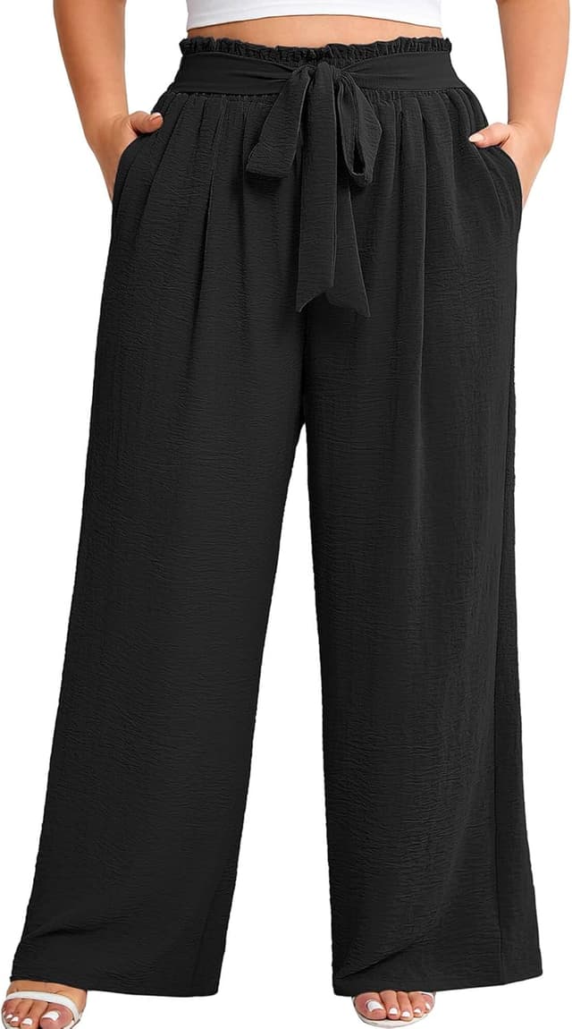 Detalle de AusLook Plus Size Wide Leg Pants (High-Waist Elastic Palazzo) with Pockets, 1X–5X